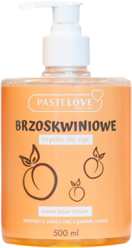 Brzoskwiniowe mydło PASTELOVE 500ml w pomarańczowej butelce z białą pompką i grafiką brzoskwiń, widok z przodu.