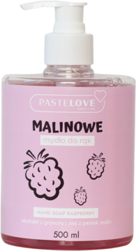 Malinowe mydło do rąk PASTELOVE w różowej butelce z białą pompką, z ilustracjami malin. Widok z przodu.