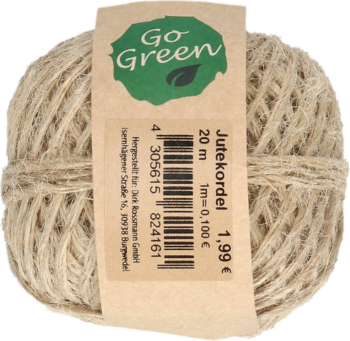 Sznurek jutowy Go Green 20m, naturalny beż, zwinięty w kłębek z etykietą produktu, widok z przodu.