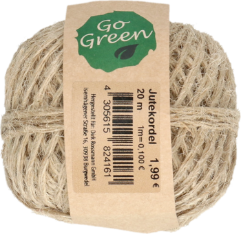 Sznurek jutowy Go Green 20m, naturalny beż, zwinięty w kłębek z etykietą produktu, widok z przodu.