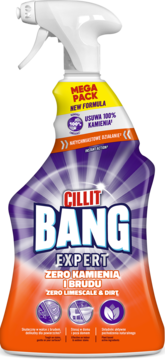 Fioletowy spray Cillit Bang Expert Zero Kamienia i Brudu, butelka z białym spryskiwaczem, widok z przodu.