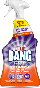 Fioletowy spray Cillit Bang Expert Zero Kamienia i Brudu, butelka z białym spryskiwaczem, widok z przodu.
