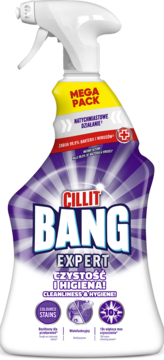 Biały spray Cillit Bang Czystość i Higiena do łazienki, z fioletową etykietą i żółtym oznaczeniem Mega Pack, widok frontalny.