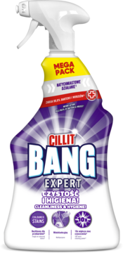 Cillit Bang Expert spray do dezynfekcji, biała butelka z purpurową etykietą i napisem 'MEGA PACK', widok z przodu.