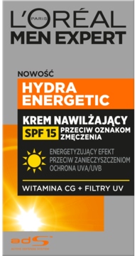 L'Oréal Men Expert Hydra Energetic krem SPF 15 przeciw zmęczeniu, szaro-pomarańczowe opakowanie z grafiką słońca.