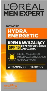 L'Oréal Men Expert Hydra Energetic krem SPF 15 przeciw zmęczeniu, szaro-pomarańczowe opakowanie z grafiką słońca.