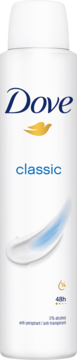 Biały antyperspirant Dove Classic spray, widok z przodu, z logo Dove, napisem 48h i 0% alkoholu.