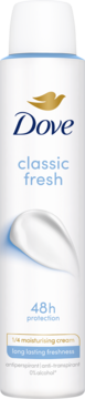 Biały antyperspirant w sprayu Dove Classic Fresh, 48h ochrona, z 1/4 kremu nawilżającego, widok z przodu.