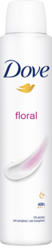 Biały antyperspirant Dove Floral w sprayu, front, różowy napis, logo i kremowa smuga z różowym akcentem.