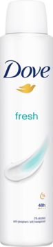 Biały antyperspirant Dove Fresh 48h w sprayu, 0% alkoholu, z turkusowym napisem i kremowym wzorem, przód.
