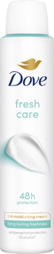 Biały antyperspirant Dove Fresh Care w sprayu, z przodu logo gołębia, napisy turkusowe i biała kremowa kropla, 48h ochrony.