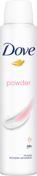 Dove Powder antyperspirant w białej butelce sprayu, widok z przodu, z różowym napisem i kremową smugą.