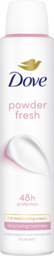 Biały antyperspirant Dove Powder Fresh w sprayu, 48h ochrona, z 1/4 kremu nawilżającego, widok z przodu.
