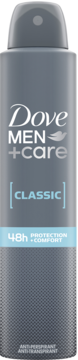 Szary antyperspirant Dove MEN+CARE Classic 48h w sprayu, widok z przodu, niebieski pasek i białe napisy.