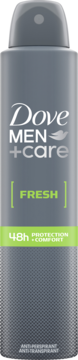 Dove Men+Care Fresh 48h antyperspirant w szarej butelce z zielonymi napisami, widok z przodu.