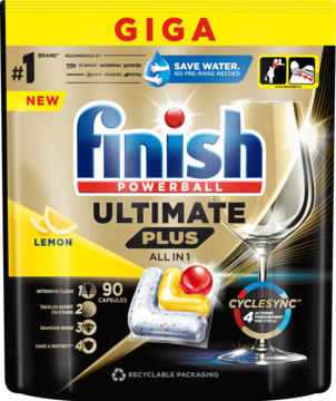 Finish Ultimate Plus Lemon kapsułki do zmywarki, czarno-żółte opakowanie z 90 sztukami, widok z przodu.