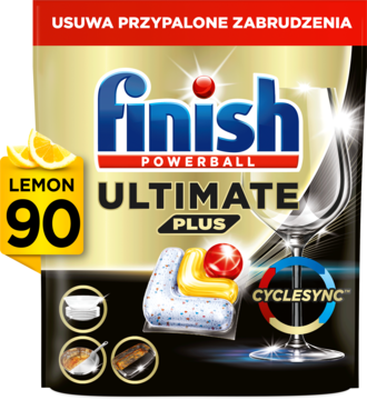 Finish Ultimate Plus Lemon 90 kapsułek do zmywarki, front czarno-złotego opakowania, usuwa przypalone.