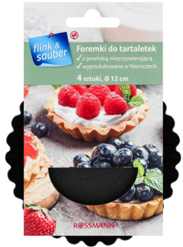 Czarne foremki Flink & Sauber do tartaletek Ø12cm z powłoką nieprzywierającą, opakowanie z owocowymi tartaletkami.