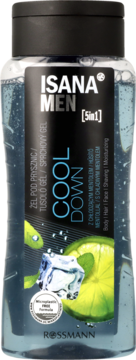 ISANA MEN Cool Down 5in1 żel pod prysznic z miętą, przezroczysta butelka z grafiką limonki i lodu.