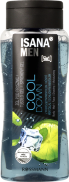 ISANA MEN Cool Down 5in1 żel pod prysznic z miętą, przezroczysta butelka z grafiką limonki i lodu.