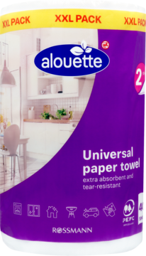 Alouette ręcznik papierowy uniwersalny XXL, 2-warstwowy, 400 listków, biały, z fioletowo-żółtą etykietą.
