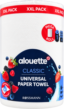 Biały ręcznik papierowy Alouette Classic Universal XXL z owocami, Mega Roll 1=6, widok z przodu.