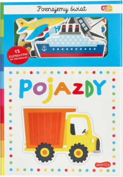 Książka magnetyczna "Pojazdy", okładka z dużą ciężarówką oraz samolotem, statkiem i rakietą, 12 elementów.