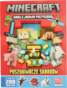 Czerwona książka Minecraft Naklejkowa Przygoda z Alexem, Stevem i otwartą skrzynią skarbów, widok z przodu.