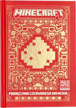 Czerwony podręcznik Minecraft Czerwonego Kamienia ze złotym pixel-art, centralny pył redstone, widok z przodu.