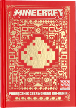 Czerwony podręcznik Minecraft Czerwonego Kamienia ze złotym pixel-art, centralny pył redstone, widok z przodu.