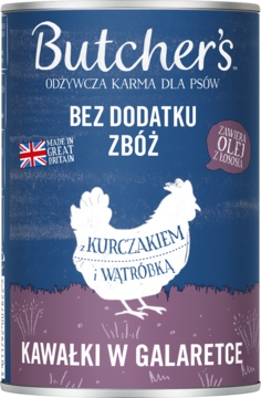 Granatowa puszka karmy Butcher's dla psa, z kurczakiem i wątróbką w galaretce, bez zbóż, z olejem kokosowym.