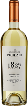 Butelka białego wina Purcari 1827 Pinot Grigio de Purcari 2017, z białą etykietą i miedzianą folią, widok z przodu.