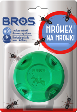 BROS Mrówex II: zielona dyskretna pułapka na mrówki domowe i ogrodowe, w blistrze, z grafiką mrówek.