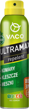 Zielony repelent w sprayu VACO Ultramax z żółtą nakrętką, na komary, kleszcze i meszki, 30% DEET, widok z przodu.