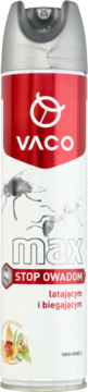 Biały spray VACO MAX na owady latające i biegające, z czerwoną etykietą STOP OWADOM, grafiką owadów, widok z przodu.