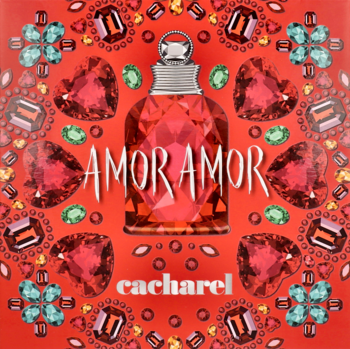 Opakowanie perfum Cacharel Amor Amor EDT. Czerwone, z butelką perfum i motywem serc z kryształów. Widok z przodu.