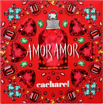 Cacharel Amor Amor EDT zestaw, czerwone pudełko z klejnotami w kształcie serc i flakonu, widok z góry.