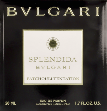 Bvlgari Splendida Patchouli Tentation EDP, czarne pudełko z białą etykietą, widok z przodu, 50 ml.