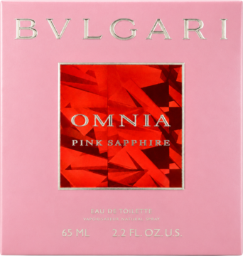 Bvlgari Omnia Pink Sapphire, różowe pudełko wody toaletowej z krystalicznym, czerwonym centrum, widok z przodu.