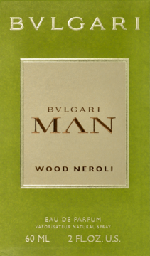 Zielone pudełko Bvlgari Man Wood Neroli 60 ml, z beżowym błyszczącym panelem. Widok z przodu.
