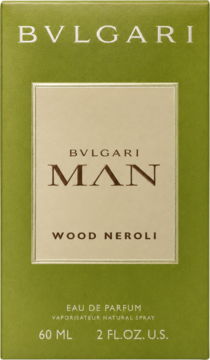 Zielone pudełko Bvlgari Man Wood Neroli Eau de Parfum 60 ml, z beżowym panelem i brązowymi napisami, widok z przodu.