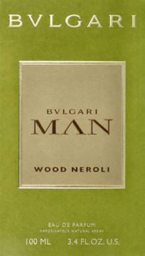 Front of Bvlgari Man Wood Neroli Eau de Parfum 100ml box. Lime green, with gold panel and brown text.
