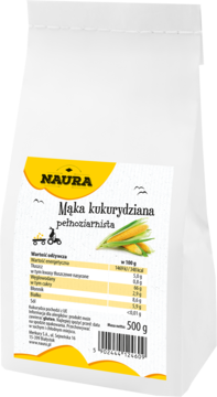 Biała torebka pełnoziarnistej mąki kukurydzianej NAURA 500g, z żółtą etykietą, kolbami kukurydzy, widok z przodu.