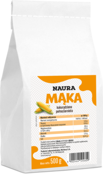 Mąka kukurydziana pełnoziarnista Naura 500g w białej torbie z pomarańczową etykietą i kolbami kukurydzy, widok z przodu.