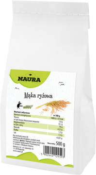Biała papierowa torba mąki ryżowej NAURA 500g, widok z przodu pod kątem, z zieloną etykietą.