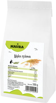 Biała papierowa torba mąki ryżowej NAURA 500g, widok z przodu pod kątem, z zieloną etykietą.