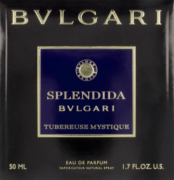 Bvlgari Splendida Tuberose Mystique EDP, czarne pudełko z granatowym panelem i złotym napisem, widok z przodu.