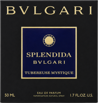Bvlgari Splendida Tuberose Mystique EDP, czarne pudełko z granatową etykietą i złotym tekstem, widok z przodu.