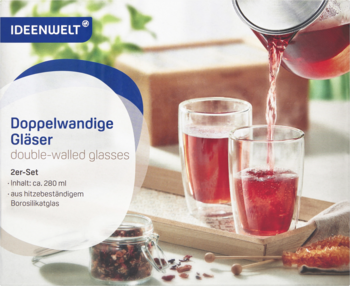 Zestaw 2 szklanek Ideenwelt z podwójnym dnem, borokrzemowe 280ml, z nalewanym czerwonym napojem.