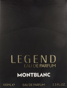 Czarne opakowanie wody perfumowanej Montblanc Legend ze złotym napisem, widok z przodu.